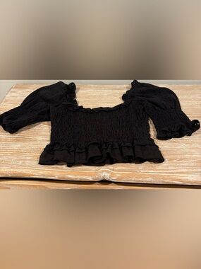 Misa Los Angeles Black Smocked Puff Sleeve Crop Top